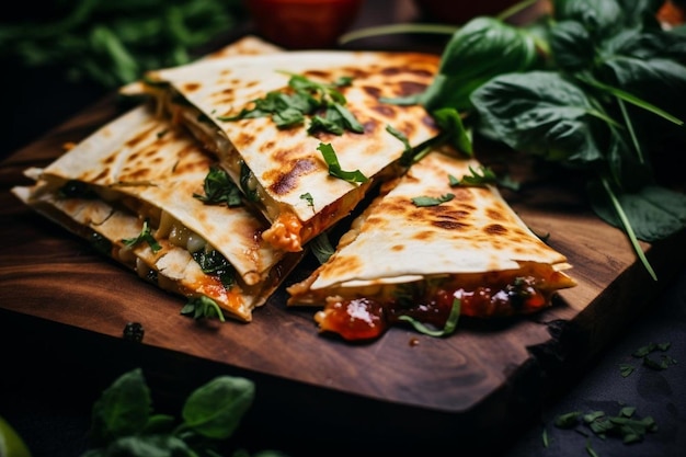 Un primo piano di una quesadilla che viene guarnita con