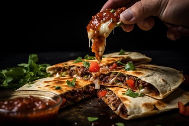 Un primo piano di una quesadilla che viene guarnita con