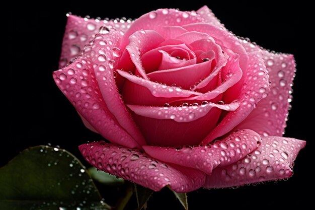 Un primo piano di una rosa rosa con gocce di rugiada rosa