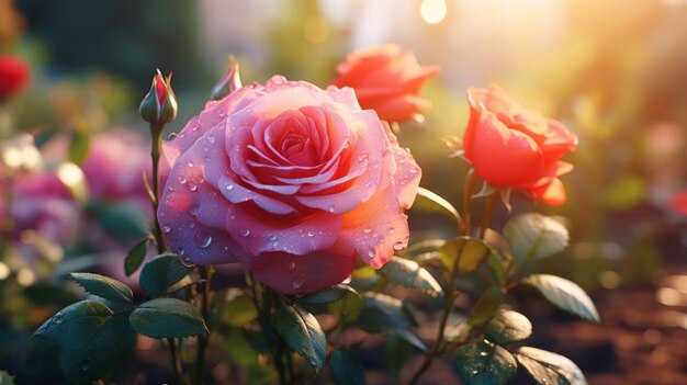 Un primo piano di una rosa rosa in un giardino