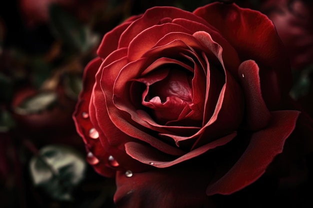 Un primo piano di una rosa rossa con i suoi petali in piena fioritura creato con l'IA generativa