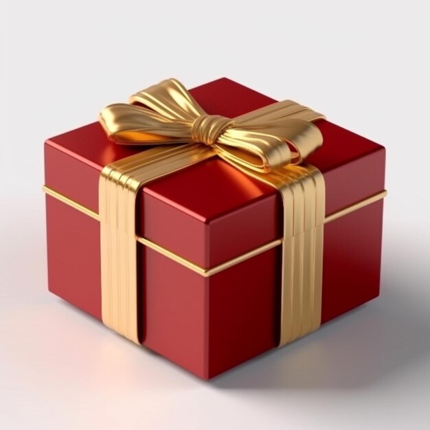 un primo piano di una scatola regalo rossa con un arco d'oro generativo ai