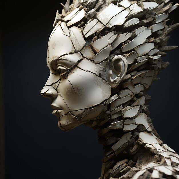 un primo piano di una scultura di una donna con la testa rotta