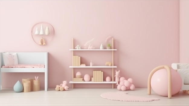 un primo piano di una stanza rosa con un letto bianco e una sedia rosa ai generativa