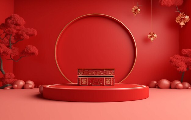 Un primo piano di una stanza rossa con una cornice rotonda e una tabella rossa generativa ai