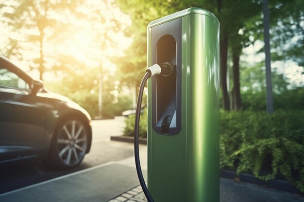 Un primo piano di una stazione di ricarica elettrica verde con un'auto sullo sfondo