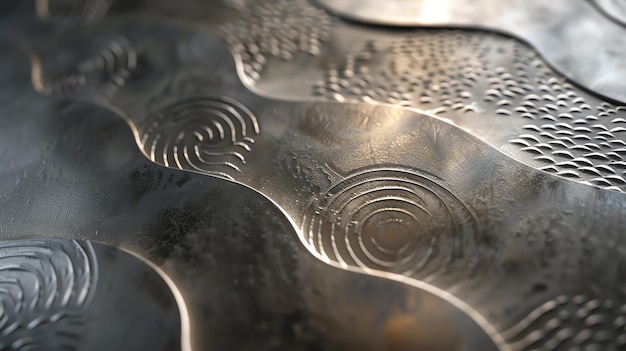Un primo piano di una superficie metallica con un disegno di onde e cerchi