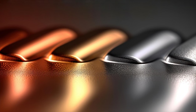 Un primo piano di una superficie metallica con uno sfondo nero e un colore oro e argento.