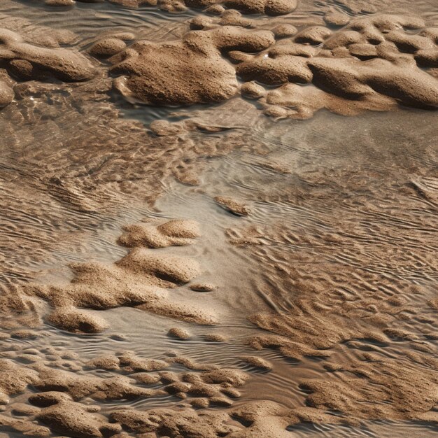 Un primo piano di una superficie sabbiosa con un motivo ondulato d'acqua e le rocce nell'angolo in basso a destra.