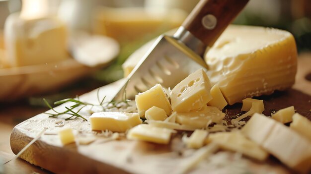 Un primo piano di una tavola da taglio in legno con un coltello affilato e una varietà di formaggi tra cui cheddar gouda e brie