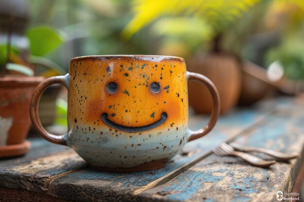 un primo piano di una tazza con una faccia sorridente su un tavolo da campeggio