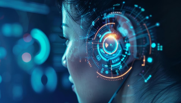 Un primo piano di una tecnologia avanzata di scansione biometrica dell'orecchio utilizzata su una persona che indossa auricolari intelligenti