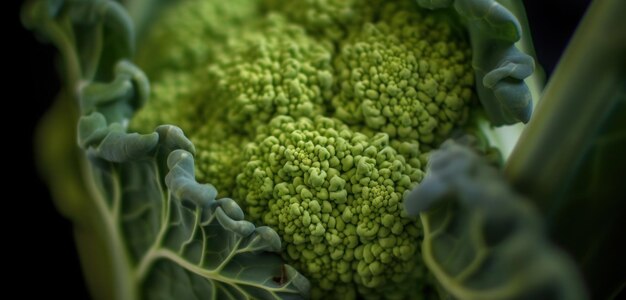 Un primo piano di una testa di broccoli con foglie verdi.