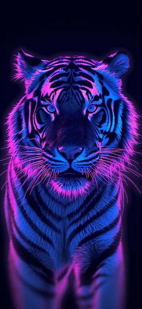 Un primo piano di una tigre con uno sfondo blu e rosa al neon generativo ai