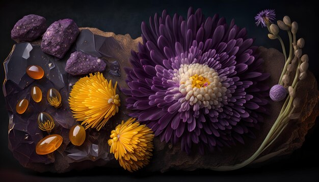 Un primo piano di una torta al cioccolato con fiori viola e gialli