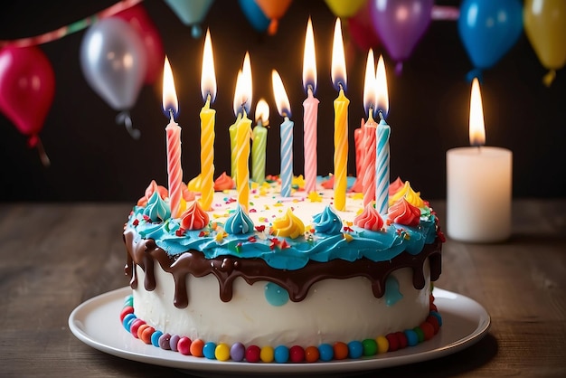 Un primo piano di una torta di compleanno con candele accese