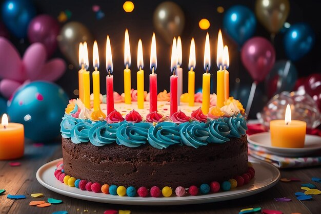 Un primo piano di una torta di compleanno con candele accese