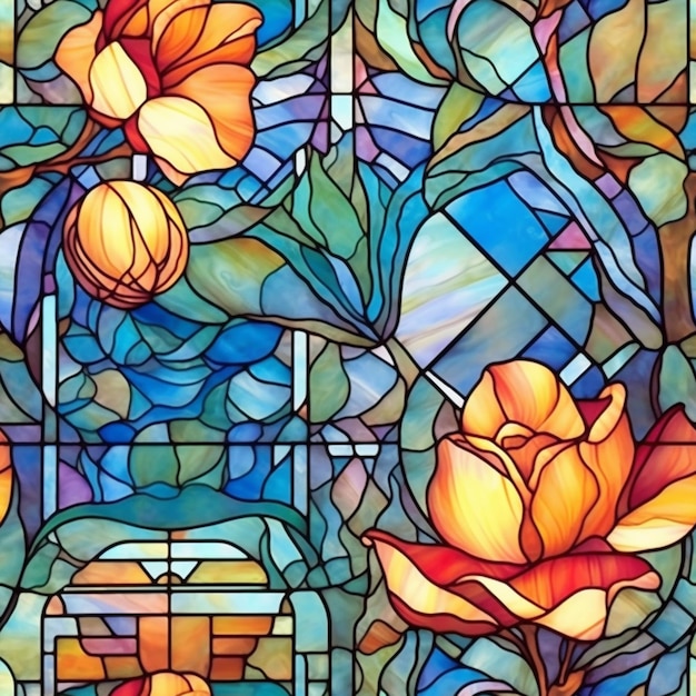 Un primo piano di una vetrata con fiori e foglie ai generativa