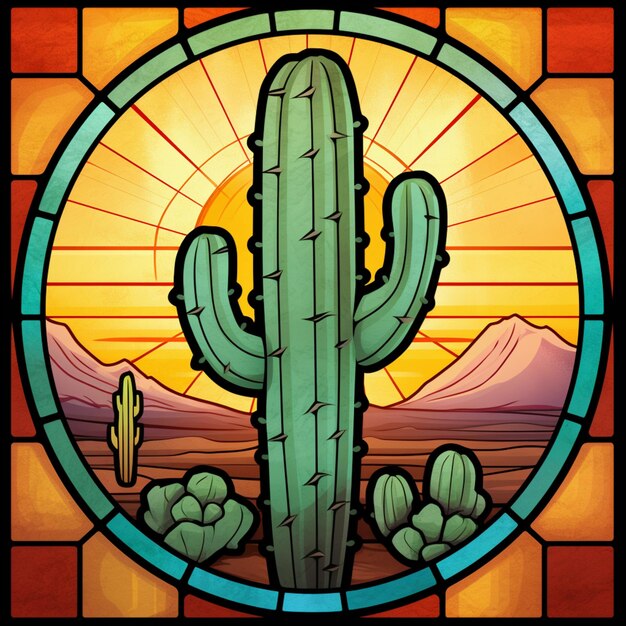 un primo piano di una vetrata con un cactus al centro generativo ai
