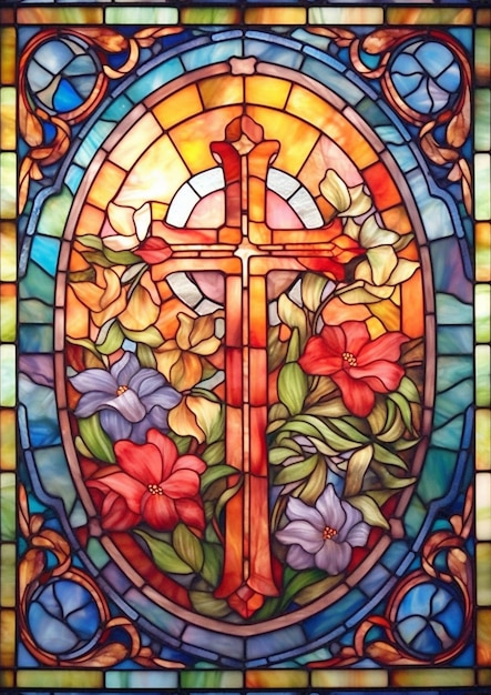 Un primo piano di una vetrata con una croce e fiori generativa ai