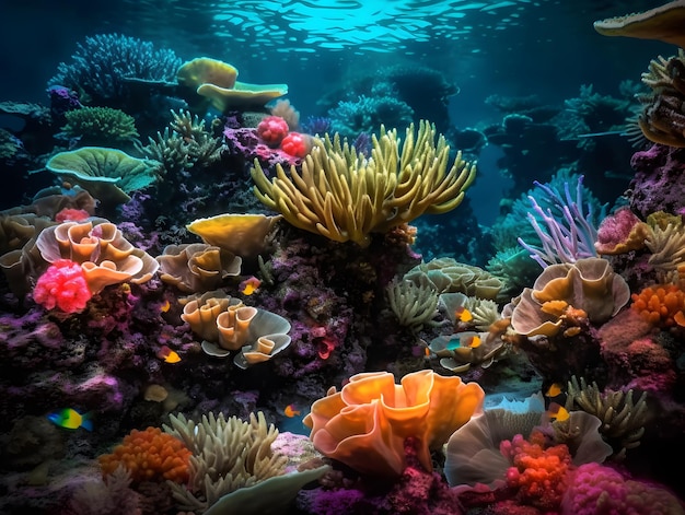 Un primo piano di una vibrante barriera corallina sott'acqua Generative AI