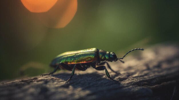 Un primo piano di uno scarabeo verde e oro su un pezzo di legno.