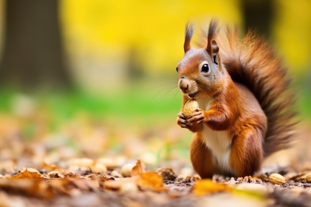 Un primo piano di uno scoiattolo che mangia le noci in un parco
