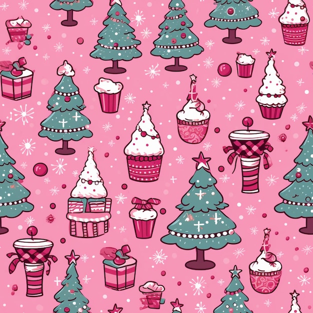 un primo piano di uno sfondo rosa con alberi di Natale e cupcakes generative ai