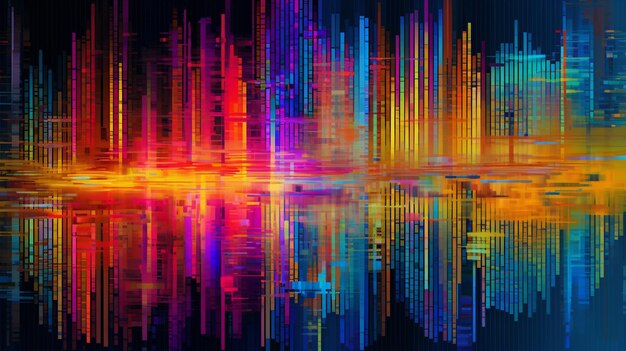 Un primo piano di uno skyline colorato della città con un riflesso nell'acqua che genera un'intelligenza artificiale