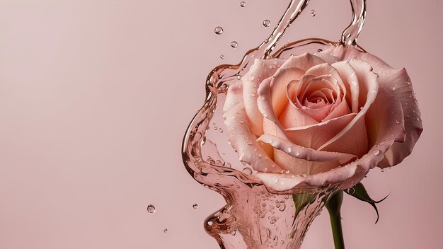 un primo piano di uno splash di movimento di champagne rosa su uno spazio di copia sullo sfondo rosa chiaro per Valentin