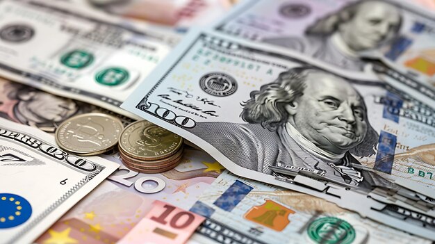 Un primo piano di varie valute, tra cui dollari statunitensi, euro e rubli russi