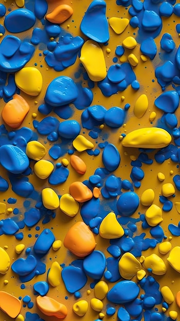 Un primo piano di vernice blu e gialla con la parola arte su di esso