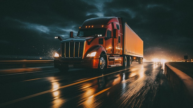 Un primo piano estremo di un camion che guida su un'autostrada di notte