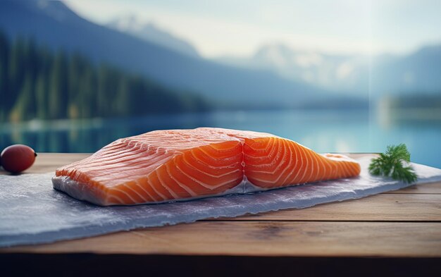 Un primo piano filetto di salmone crudo su uno sfondo di porto Cibo di pesce giapponese ai generato