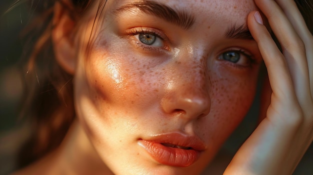 Un primo piano intimo di una donna con la pelle baciata dal sole e il suo sguardo accattivante sotto il calore del sole al tramonto è AI Generative