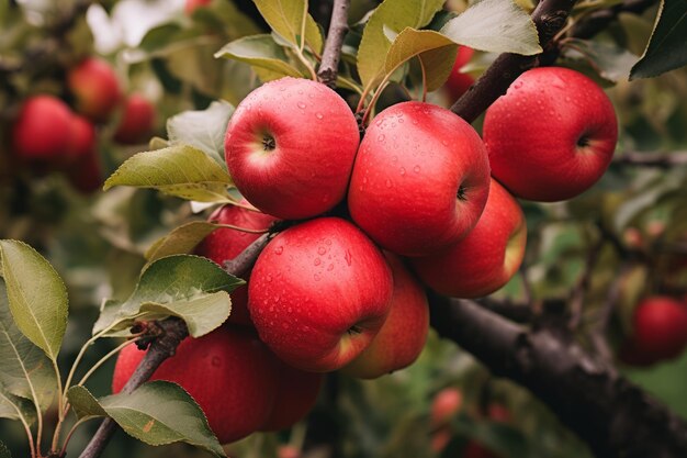 Un primo piano mozzafiato di mele rosse vibranti che adornano un albero in un perfetto rapporto di 32 aspetti