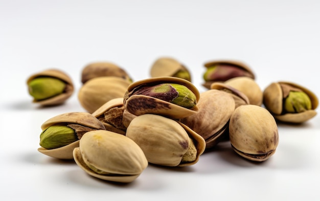 Un primo piano pistacchi isolati su uno sfondo bianco sano eco cibo ai generato