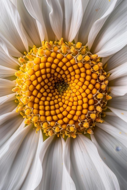 Un primo sguardo nel cuore della primavera Il centro giallo brillante di una margherita bianca illuminata