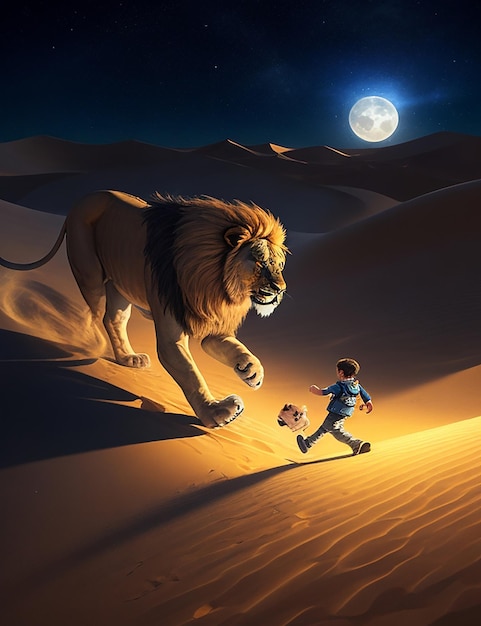 un principe e il suo leone corrono attraverso un'oasi nel deserto, le dune di sabbia luccicano al chiaro di luna
