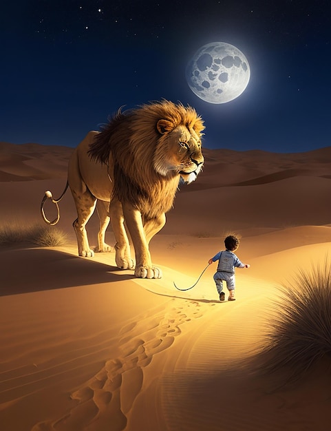 un principe e il suo leone corrono attraverso un'oasi nel deserto, le dune di sabbia luccicano al chiaro di luna
