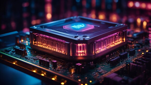 Un processore di computer futuristico con una complessa scheda di circuiti integrati a microchip su luci al neon