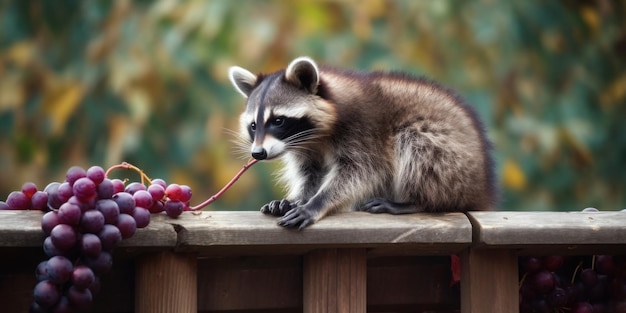 Un procione è seduto su una staccionata e mangia un'uva rossa.