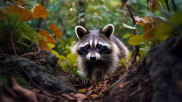 Un procione generato dall'AI in piedi in un ambiente forestale tranquillo