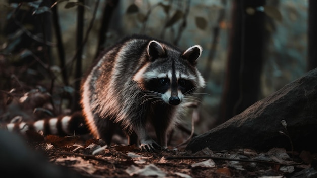 Un procione in piedi nel bosco che guarda l'immagine generativa ai della fotocamera