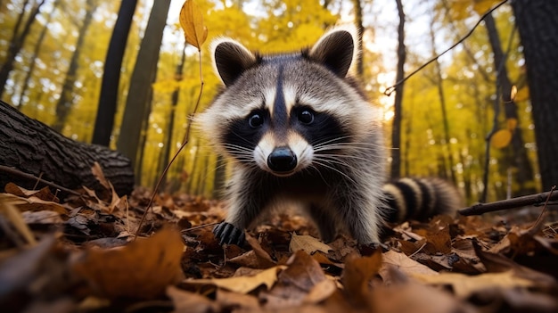 un procione in una foresta con foglie gialle