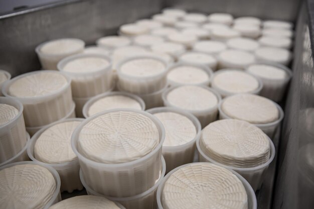 Un produttore di formaggio fatto in casa produce mozzarella fatta a mano con latte fresco di qualità dalle sue mucche pecore al mattino Concetto di tradizione mozzarella italiana