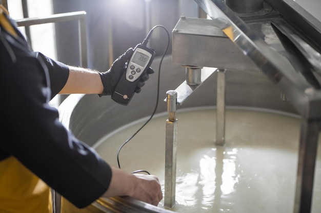 Un produttore di formaggio fatto in casa produce mozzarella fatta a mano con latte fresco di qualità dalle sue mucche pecore al mattino Concetto di tradizione mozzarella italiana