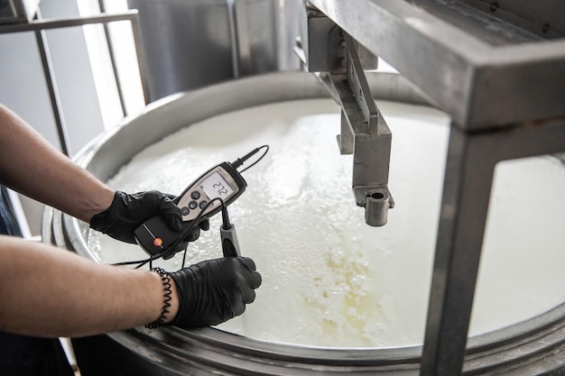 Un produttore di formaggio fatto in casa produce mozzarella fatta a mano con latte fresco di qualità dalle sue mucche pecore al mattino Concetto di tradizione mozzarella italiana