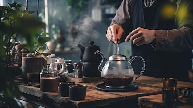 Un produttore di tè hipster professionista prepara tè filtrato o tè alla cerimonia del tè alla spina con acqua calda