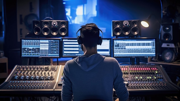 Un produttore musicale con le cuffie lavora in uno studio di registrazione circondato da attrezzature